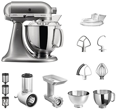 KitchenAid Artisan Küchenmaschine Kontur Silber im Starter Set inkl. Gemüseschneider, Fleischwolf und vielem Zubehör, 5KSM175PSECU