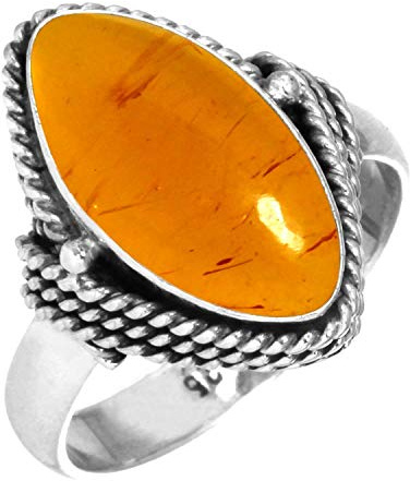 Jeweloporium Bague en argent sterling 925 avec ambre orange, taille 51, pour femme, bijou bohème avec pierre marquise