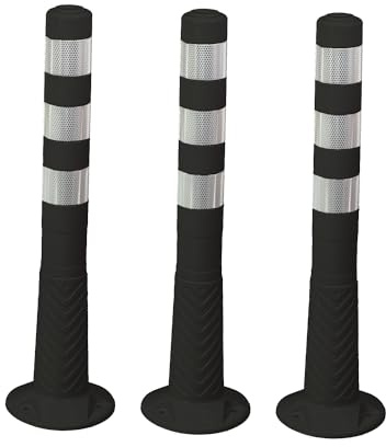 UvV Set mit 3 Premium Reflex Absperrpfosten, Poller 75 cm hoch, flexibel reflektierend (Schwarz)
