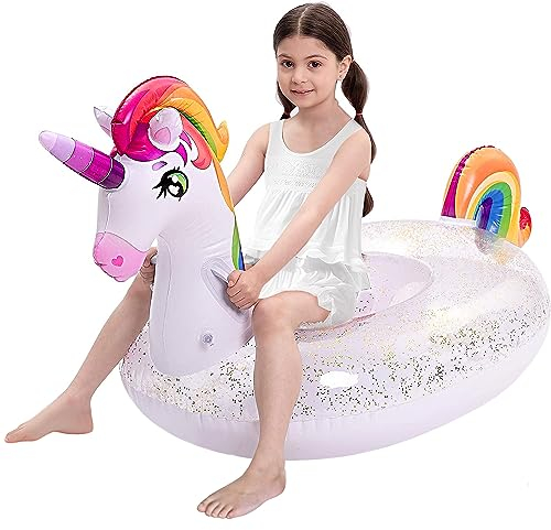 JOYIN Wasser Pool Luftmatratze Kinder, Aufblasbare Einhorn Pool Floß mit Glitzern, Spaß Strand Aufblasbare Schwimmsitze Erwachsene, Sommer Party Floß Dekorationen für Kinder 175cm*75cm*85cm