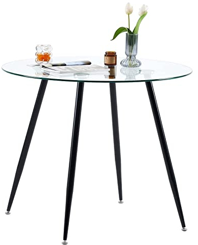 GOLDFAN Round Dining Table 90cm with Tempered Glass Top, Black Legs Modern Table, Small Circular Glass Table Kitchen Living Room Furniture