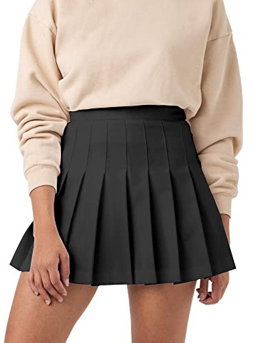 SCKTOO Womens Girl High Waisted Pleated Tennis Skirt School A-Line Skater Skirts with Lining Shorts (Black,Large)
