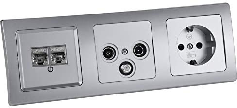 ChiliTec Antennendose Delphi Steckdose 3-Fach Unterputz Kombination Silber | LAN TV SAT Kabel, 3-fach Anschlussdose mit Rahmen, Schutzkontaktsteckdose, Mit Steckklemme, Netzwerkdose