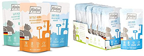 MjAMjAM MjAMjAM - Mixpaket IV, 12 x 125g, 1er Pack (1 x 1.5 kilograms) & Premium Nassfutter für Katzen - Quetschie - zarte Ente & Geflügel an leckeren Möhrchen, 12er Pack (12 x 125 g)