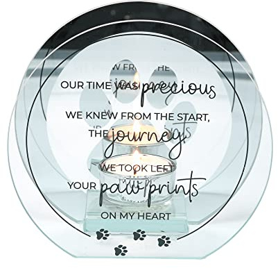 Pavilion - Pawprints On My Heart - 6 x 6 x 2.25 Rounded Tealight Candle Glass and Mirror Holder - in Memory Bereavement Memorial Loss Pet Dog Cat Gift