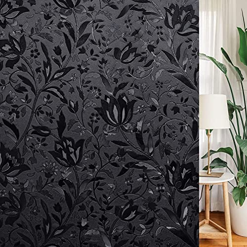 LEMON CLOUD Frosted Blackout Window Film, Privacy Black Out Glass Film for Day and Night, No Glue Static Cling, UV Protection Heat Control, Dark Black Tulip (90x200cm)