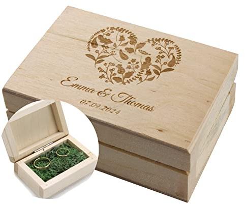 Caja de anillo personalizada, de madera, estilo bohemio, tiene musgo dentro, puede poner 2 anillos, caja de joyería para boda