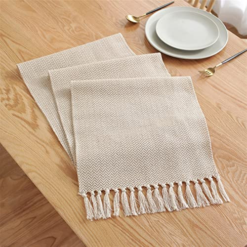 Tischläufer Haus und Küche Runner moderner Tisch Einfache Nordic Style Beige Handgemachte Quaste Flagal Tisch Ritter aus Baumwolle Leinen Bett Tisch Dekoration Für Partys, Hochzeit, Monat
