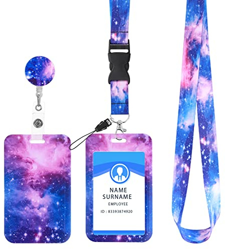 Cobee ID märkeshållare med snodd, infällbar, stjärnhimmel, märkeshållare med rullar och avtagbara märkessnodder, trendig nacke crossbody snodd namn kreditkortsskydd för kvinnor/flickor (lila)