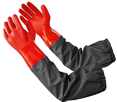 Coopache Waterproof Pond Gloves, Extra Long Sleeve Full Arm Gloves for Men and Women, Red (M)