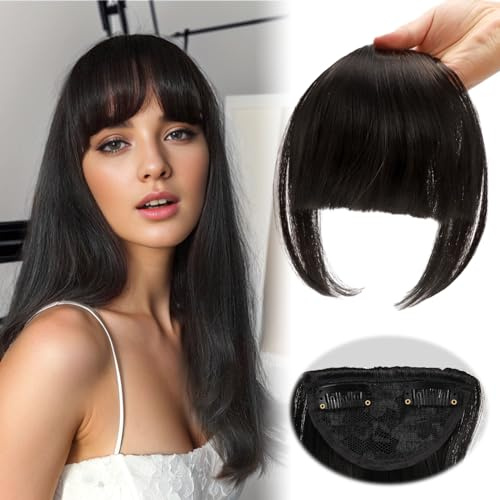 QESSUVNC Hair Extension Clip Bangs Pony - Real Hair Fringe Extension for Women (Natürliches Schwarz)