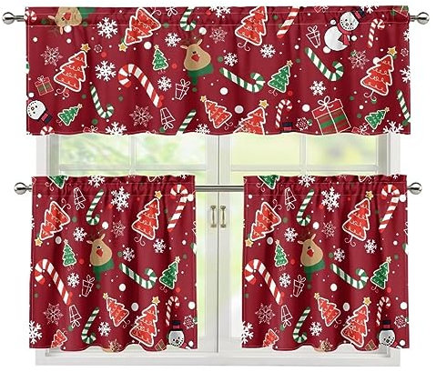 Jeiento Weihnachts-Rentier Küchengardine Etagen- und Volant-Set, Süßigkeiten-Geschenk, Baumstange, Tasche, Vorhänge mit Volant für Schlafzimmer, Weihnachtsdekoration, 3 Stück