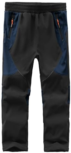 Kinder Softshell Skihose, Winddicht, wasserabweisend, atmungsaktiv, warme Outdoorhose, Skihose-Black+Dark Blue-134-140