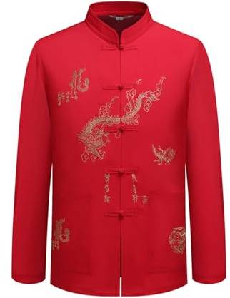 PTATT Männer Tang Anzug chinesische traditionelle handgestickte Drachenkleidung Herren Kampfkunst stehen Kragen Top Han Kleidung red 1-XXL