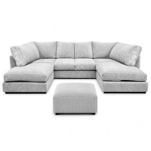 Jumbo U Shaped Sofa – Comfy Back Cushion Corner Sofa Bed with Memory Foam Seating - Couches for Living Room, Bedroom, Office, Free Foot Stool and Installation (Silver Full Back)