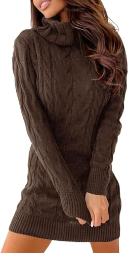 Ebifin Abito Pullover Donna Vestito Invernale Vestiti a Collo Alto Elegante Abito Linea Pullover a Manica Lunga Maglioni Lungo Elastico Autunno., caffè, M