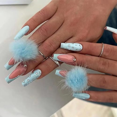 HaoTrade 24Pcs Long Coffin Square False Nails With Glue Stickers, Full Cover Press on Nails Women Girls Nail Art Accessories French Ballerina Acrylic Fake Nails Removable and Reusable (Light Blue)