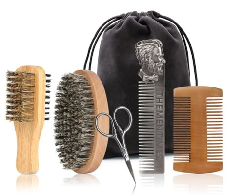 Beard Brush and Comb Set with Mustache Scissors Grooming Kit, Natural Boar Bristle, Dual Action Wood Comb, Dual Side Brush for Men's Facial Hair, Travel Bag