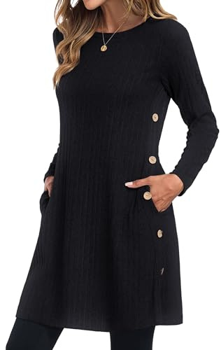 GRECERELLE Womens Winter Jumper Dresses for Women UK Ladies Dresses Tunic Knitted Long Sleeve with Pockets Side Buttons Dress
