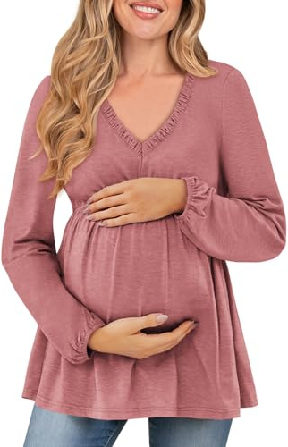 FMEYOA Damen Umstands-Tops Langarm V-Ausschnitt Herbst Lose Bluse Rüschen Babydoll Schwangerschaft Shirts S-2XL, dunkelrosa, XX-Large