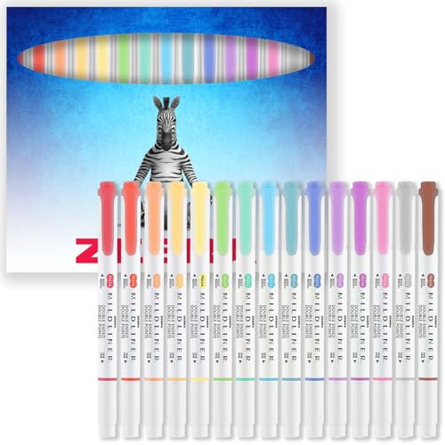 Zebra Pen Mildliner Dual Tip Highlighter Pens - Broad & Fine Tip Double Ended Markers - Pack of Colours in Envelope Gift Packaging - Acid-Free & Non Toxic Ink (15 Pack)
