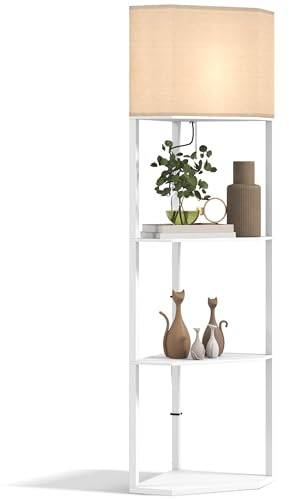 HOMCOM Corner Floor Lamp with Shelves, Modern Tall Standing Lamp with Chain Switch for Living Room, Bedroom, Bulb Not Included, White