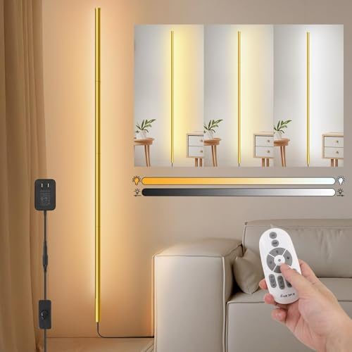 PEESIN 58.2 inch Gold Corner Lamp, Plug in Corner Light with Remote, Minimalist Modern Long Wall Light, Dimmable Living Room Wall Lights, Space-Saving LED CornerLamp for Living Room, 1 Pack