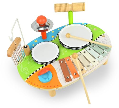FORMIZON Kinder Trommel Set, Musikinstrumente für Kinder, Xylophon 3 Jahre Holz, Xylophon Trommelset mit Windspiele Rasseln, Montessori Lernspielzeug Tisch Instrument, Jungen Mädchen Geschenk