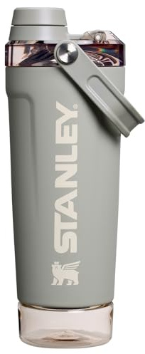 STANLEY Vitalize Shaker Bottle 20 oz | Leakproof Insulated Stainless Steel Shaker Cup | Base Storage and Twist On Fast Flow Lid | Protein Shakes and Pre Workout Powder | BPA-Free | Sage Grey