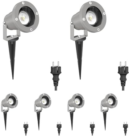 ledscom.de 6 trädgårdsstrålkastare DUK med markspett för utomhusbruk, IP65, stickpropp, grå, inkl. GU10 LED 510lm varmvit