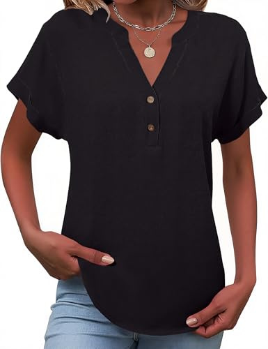 Tisfeer Womens Tops Short Sleeve Blouses Button V Neck Summer Linen Shirts | Dressy Casual Loose Fit Tunic Top Solid 2026 Trendy Clothes