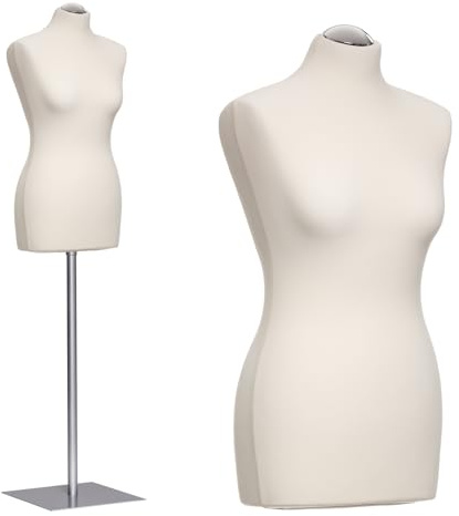 DummyDoll Schneiderpuppe weiblich Größe 36/38, Überzug Creme/Ecru, Fuß Metallplatte Silbergrau + Kappe