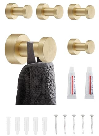 BGL Wandhaken Gebürstetes Gold - Set mit 5 Stück | Rostfreie Metall- Handtuchhaken für Bad & Küche | Selbstklebend oder zur Wandmontage