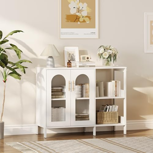 Crevyteg Sideboard, Küchenschrank, Aufbewahrungsschrank, mit 2 Glastüren und 2 Offenen Fächern, Buffet-Schrank für Wohnzimmer, Küche, Esszimmer, 100 x 40 x 80cm, Weiß