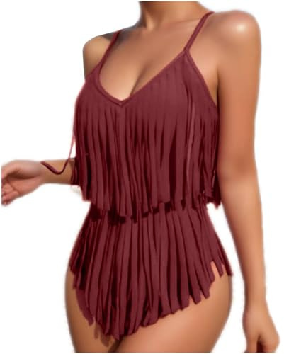 Women's One Piece Fringe Trim Swimsuits Sexy Adjustable Spaghetti Strap Bathing Suits Tummy Control V Neck Bikinis Red