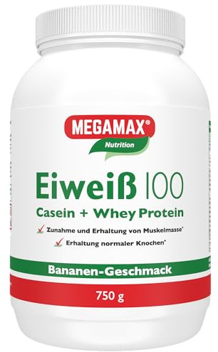 Megamax Eiweiss Banane 750 g | Molkenprotein + Milcheiweiß Für Muskelaufbau ,Diaet | 2k-Eiweiss ideal zum Backen | hochwertiges Low Carb Eiweiß-Shake | aspartamfrei Protein mit Aminosäuren