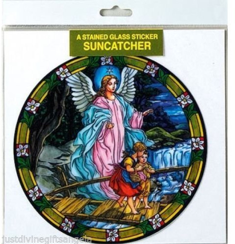 rosarybeads4u 5 3/4 x 5 3/4 SUNCATCHER TIFFANY STYLE Window Sticker GUARDIAN ANGEL BOY GIRL