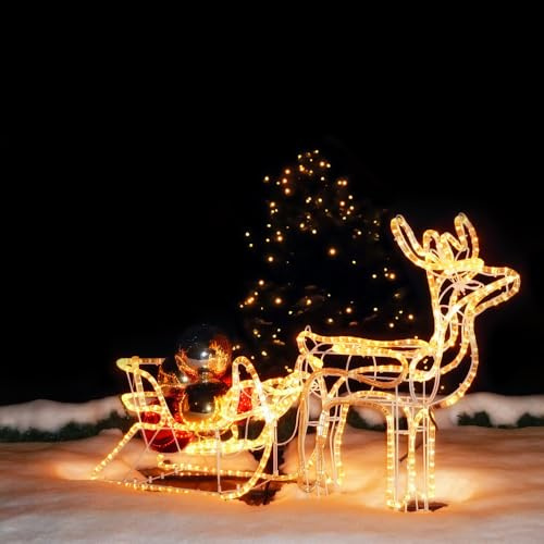 NCC-Licht LED Rentier mit Schlitten 11 Meter Lichtschlauch für innen & außen 120 x 66 x 23cm