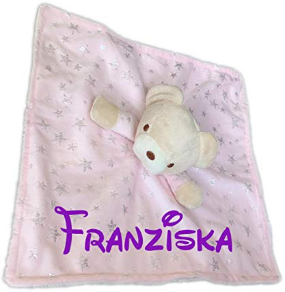 KIDDI-MEDIA Baby Kuscheltuch mit Namen Bestickt (kein Druck) / wunderschönes 3D Motiv in 3 versch. Farben - ideal als Schnuffeltuch und Trösterchen (rosa - BÄR)