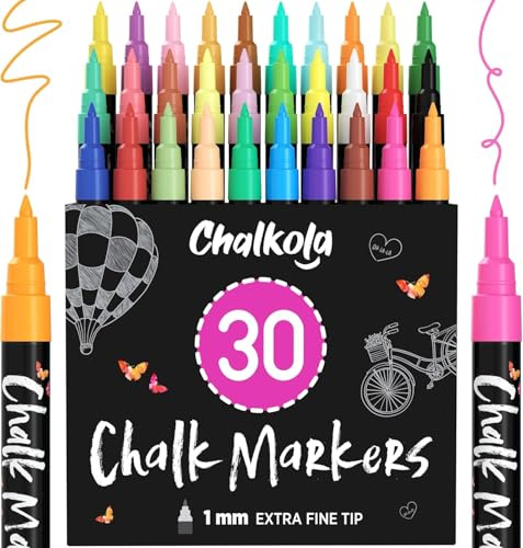 Extra Fine Tip Liquid Chalk Markers for Blackboard (30 Pack 1mm) Pastel + Neon Chalk Pens - Erasable Dry Erase Marker for Chalkboard, Blackboards, Window, Bistro, Car - Fine Tip Chalkboard Markers