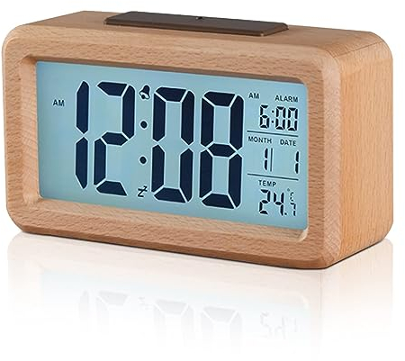 Sveglia digitale in legno, LED Orologio Digitale Senza Ticchettio con Display Data,Temperatura,Funzione Snooze, sveglia cuboide per camera da, Orologio Digitale Alimentato a Batteria, 12/24 ore