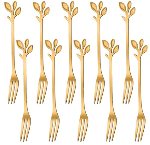 AnSaw 10-Piece Gold Mini Leaf Dessert Forks Set - 4.7 Elegant Stainless Steel Fruit, Appetizer, Cake & Salad Forks - Perfect for Cocktail Parties & Home Use