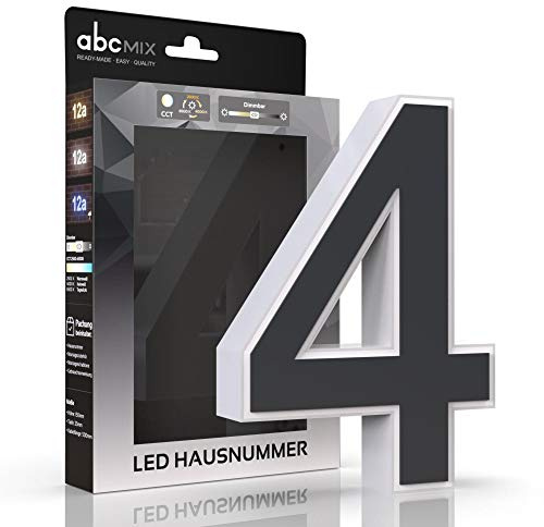 abcMIX LED Hausnummer Personalisierbare Beleuchtete - Hausnummernleuchte mit LED 4, Anthrazit, Lichtfarbeneinstellung, Dimmbarkeit