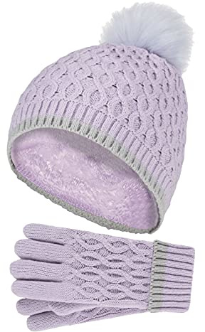 Heat Holders - Flickor värmeisolerad Pom Pom Bobble mössa hatt och handskar | Färgglada pastellstilar, Lavender Frost, 7-10 År