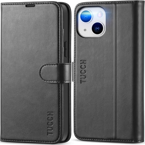 TUCCH Hülle für iPhone 13 Mini (5,4 Zoll) Schwarz | TPU, Handyhülle mit Kartenfächer, Ständer, Magnet, RFID-Sperrung, Stoßfeste Schutzhülle Cover