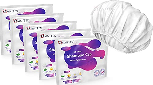 5pk - Omnitex Premium Rinse Free Shampoo Cap - Microwaveable | With Conditioner & Vitamins | Nourish & Protect with Herbal Extracts & Barrier Cream | No Water, No Parabens, Latex Free, Alcohol Free