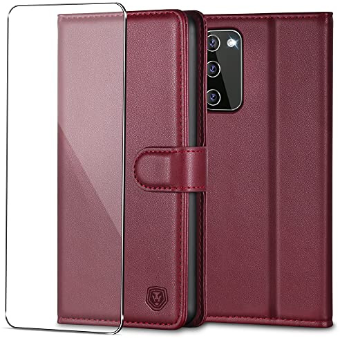 Kuafcase Handyhülle für Samsung Galaxy S20 FE mit Panzer Glas | Premium PU Leder Hülle, Kartenfächern, Standfunktion, Klapp-Geldbörse, RFID Schutzhülle, Stoßfest, Weinrot