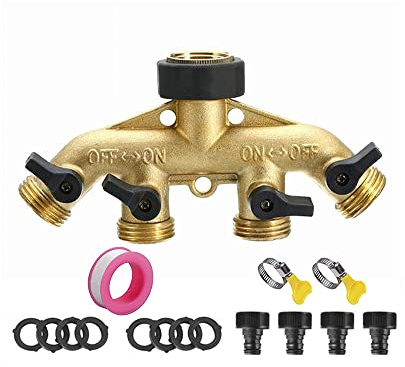 SEIWEI 4 Way Solid Brass Tap Connector, Heavy Duty Outdoor Hose Splitter Garden Tap Adaptor Water Pipe Manifold Individual Shut OFF/ON Valve for Garden Watering Lawn Maintenance（EU Standard）