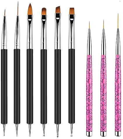 9 Stück Nagel Pinsel Kit, 3 Stück Nagel Art Liner Pinsel, 6 Stück doppelseitige Nageldesign, pinsel für nägel Dotting Tools, Nail Art Line Pen, Maniküre Nagelzubehör für Nageldesign