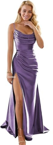 Robe de demoiselle d'honneur sirène à bretelles spaghetti pour femme, longue robe de soirée formelle à col bénitier en satin fendue, Glycine, 54 plus